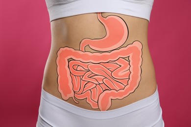 Image of Woman with image of healthy digestive system on pink background, closeup