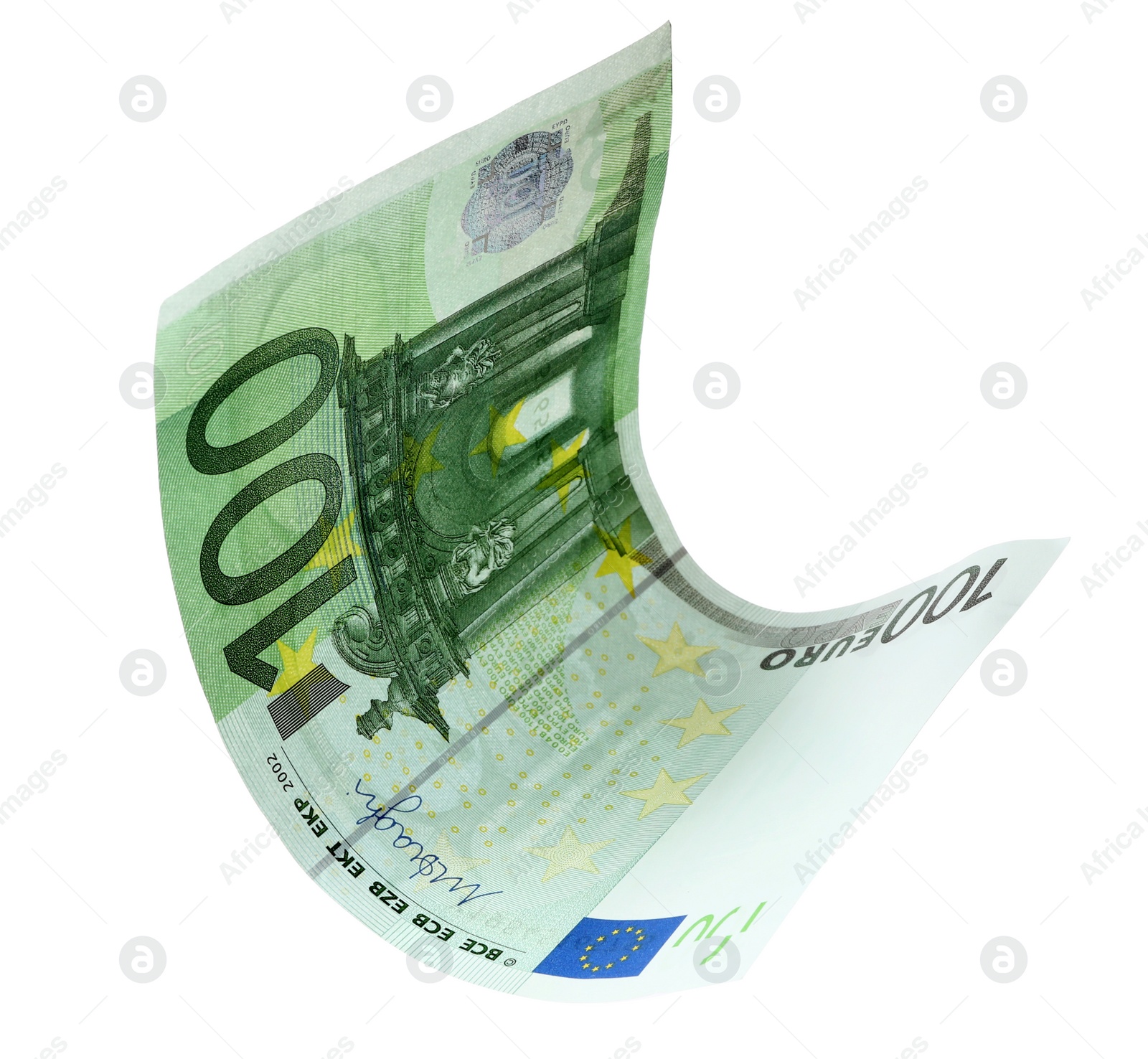 Photo of Flying one hundred Euro banknote isolated on white