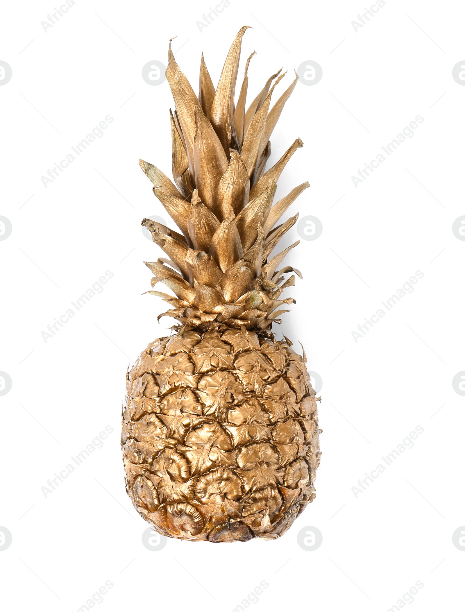 Photo of Shiny stylish gold pineapple on white background, top view