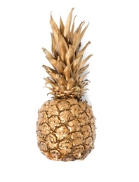 Photo of Shiny stylish gold pineapple on white background, top view