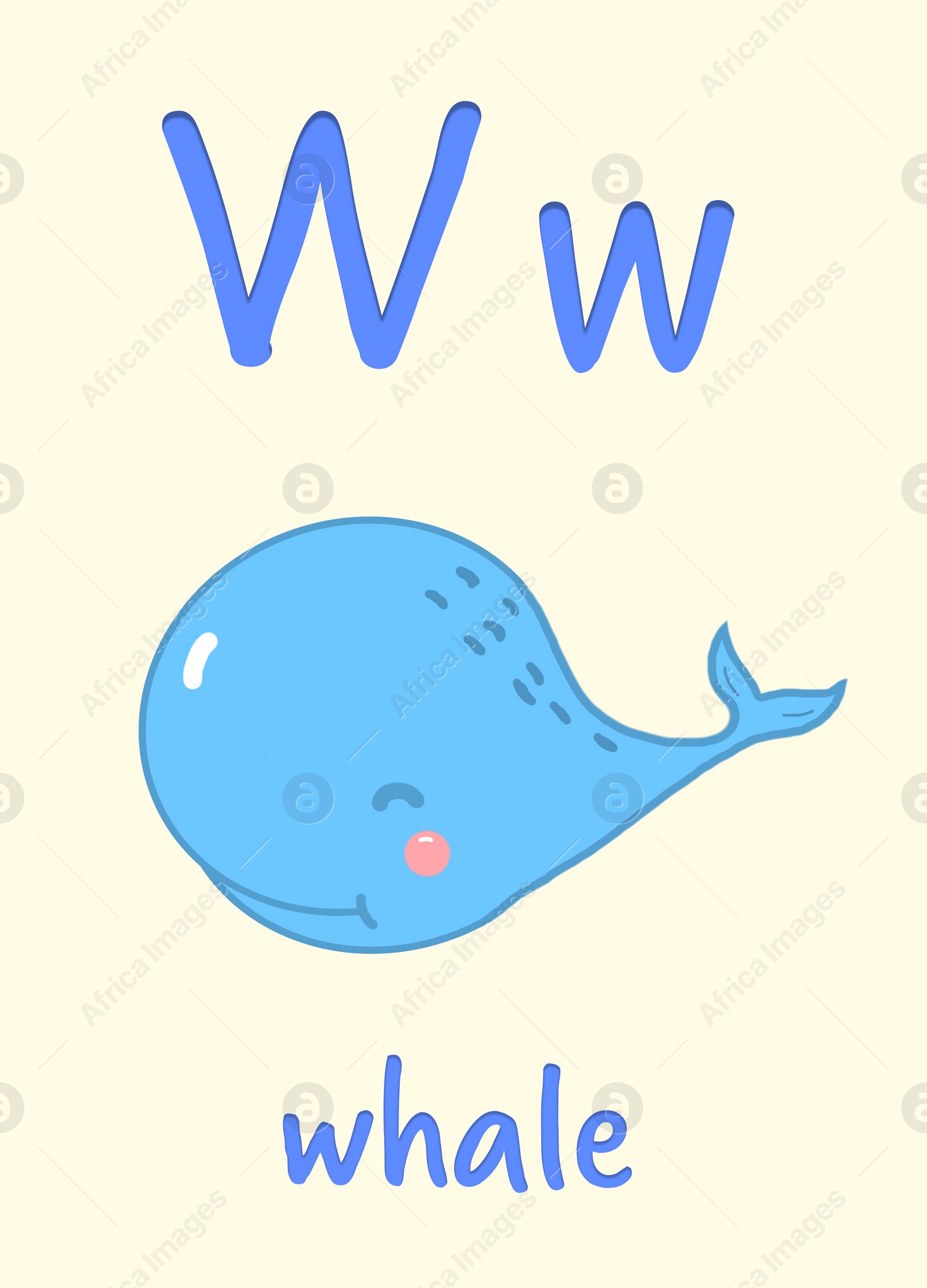 Illustration of Learning English alphabet. Card with letter W and whale, illustration