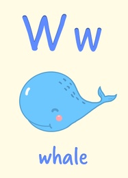 Learning English alphabet. Card with letter W and whale, illustration