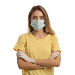 Photo of Young woman in medical gloves and protective mask on white background