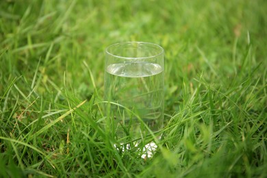 Photo of Glass of fresh water on green grass outdoors