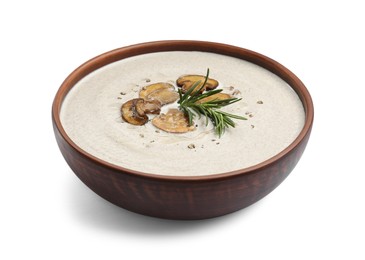 Fresh homemade mushroom soup in ceramic bowl isolated on white