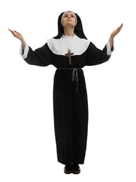Photo of Nun praying to God on white background