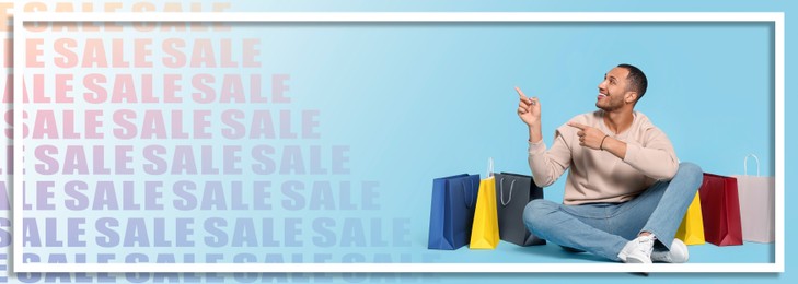 Sale banner or flyer design. Happy man with shopping bags on light blue gradient background, space for text