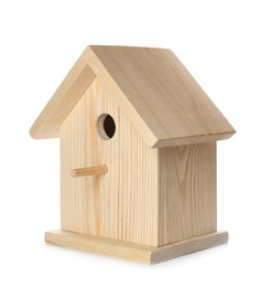 Beautiful wooden bird box isolated on white