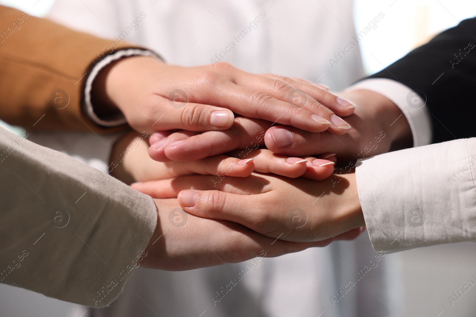 Photo of Group of people holding hands together indoors, closeup. Unity concept