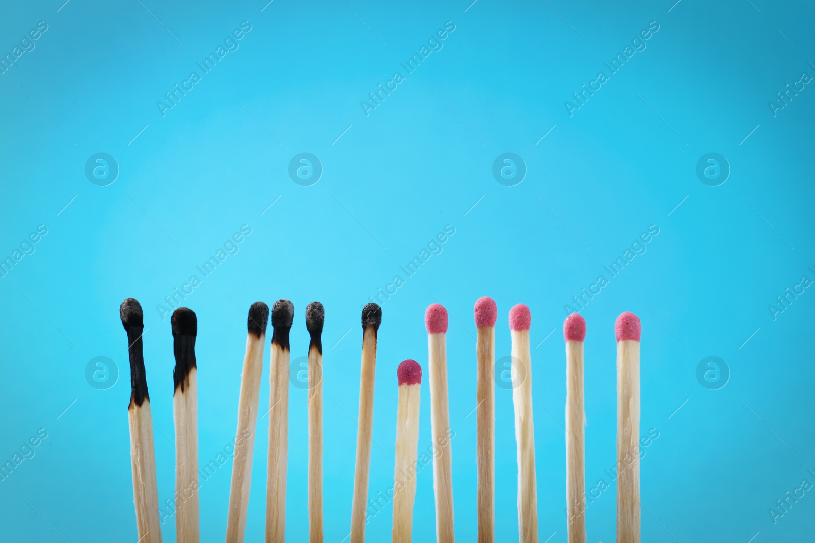 Photo of Burnt and whole matches on light blue background. Space for text