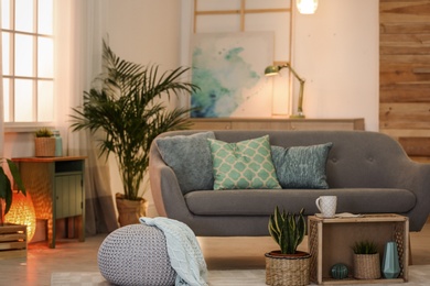 Photo of Living room interior with green houseplants and sofa