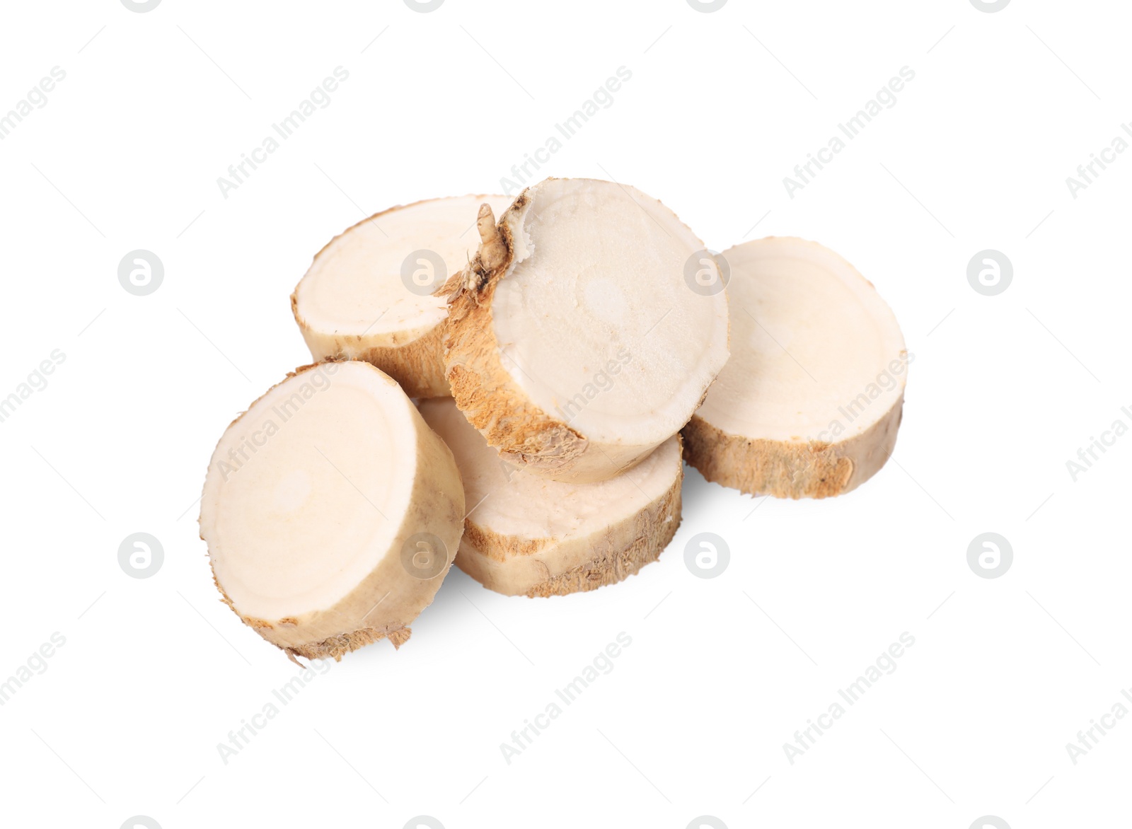 Photo of Pile of fresh horseradish slices isolated on white, above view