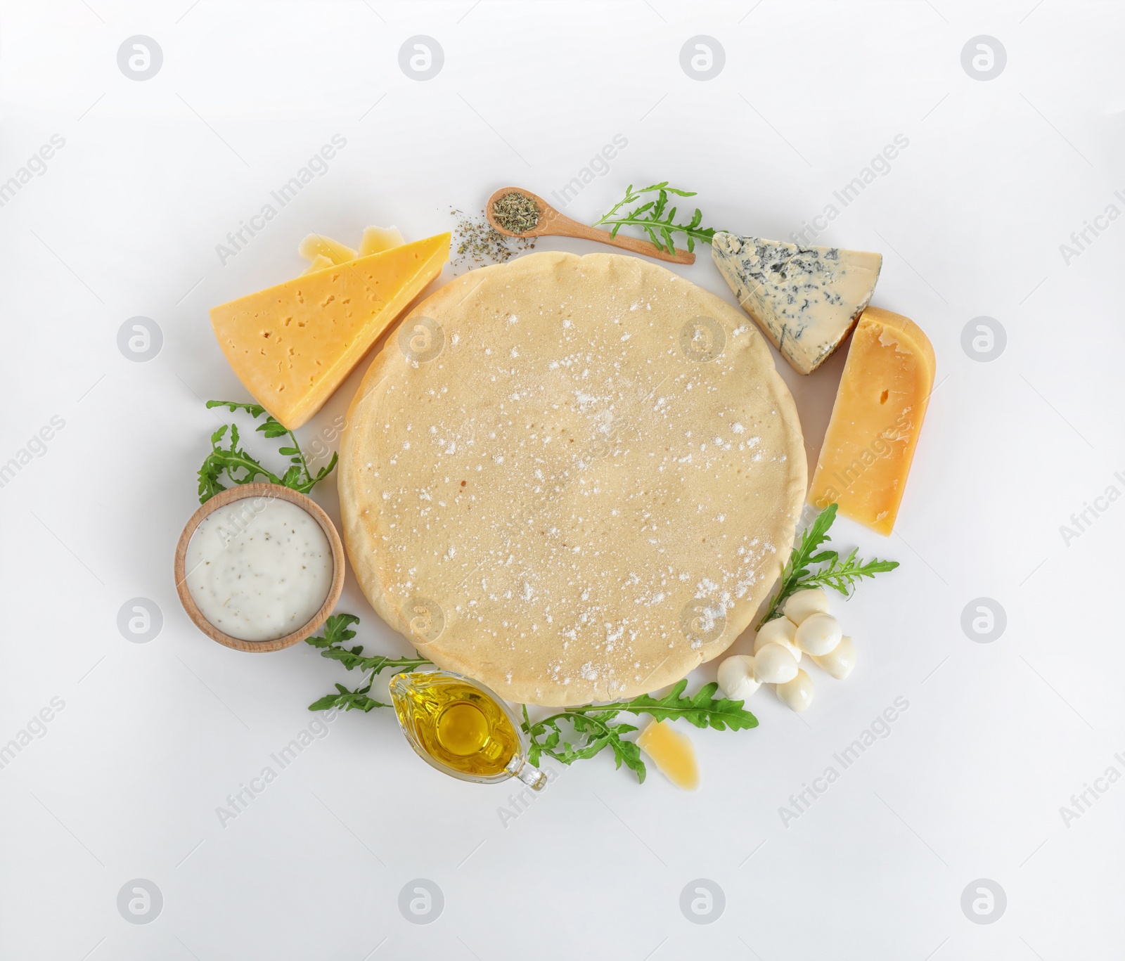 Photo of Composition with pizza crust and fresh ingredients on white background, top view