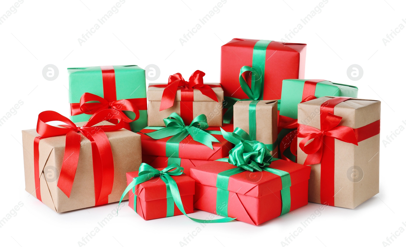 Photo of Different Christmas gift boxes on white background