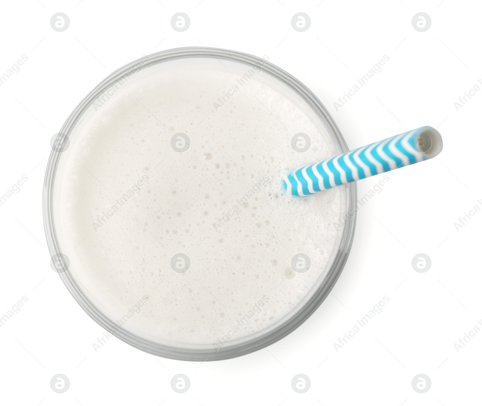 Photo of Glass of fresh milk with straw isolated on white, top view