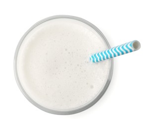 Photo of Glass of fresh milk with straw isolated on white, top view