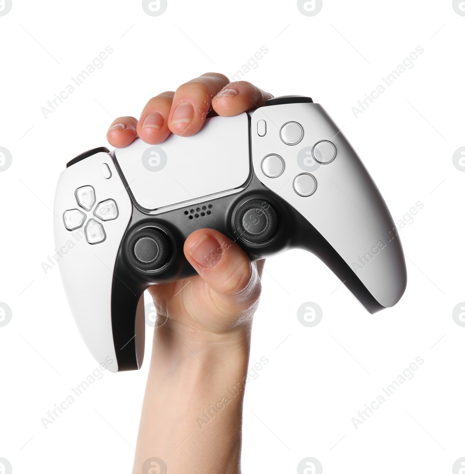 Photo of Woman holding game controller on white background, closeup