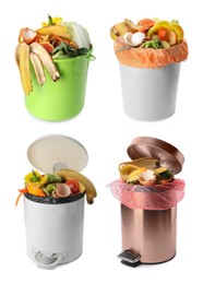 Image of Trash bins with organic waste for composting on white background, collage