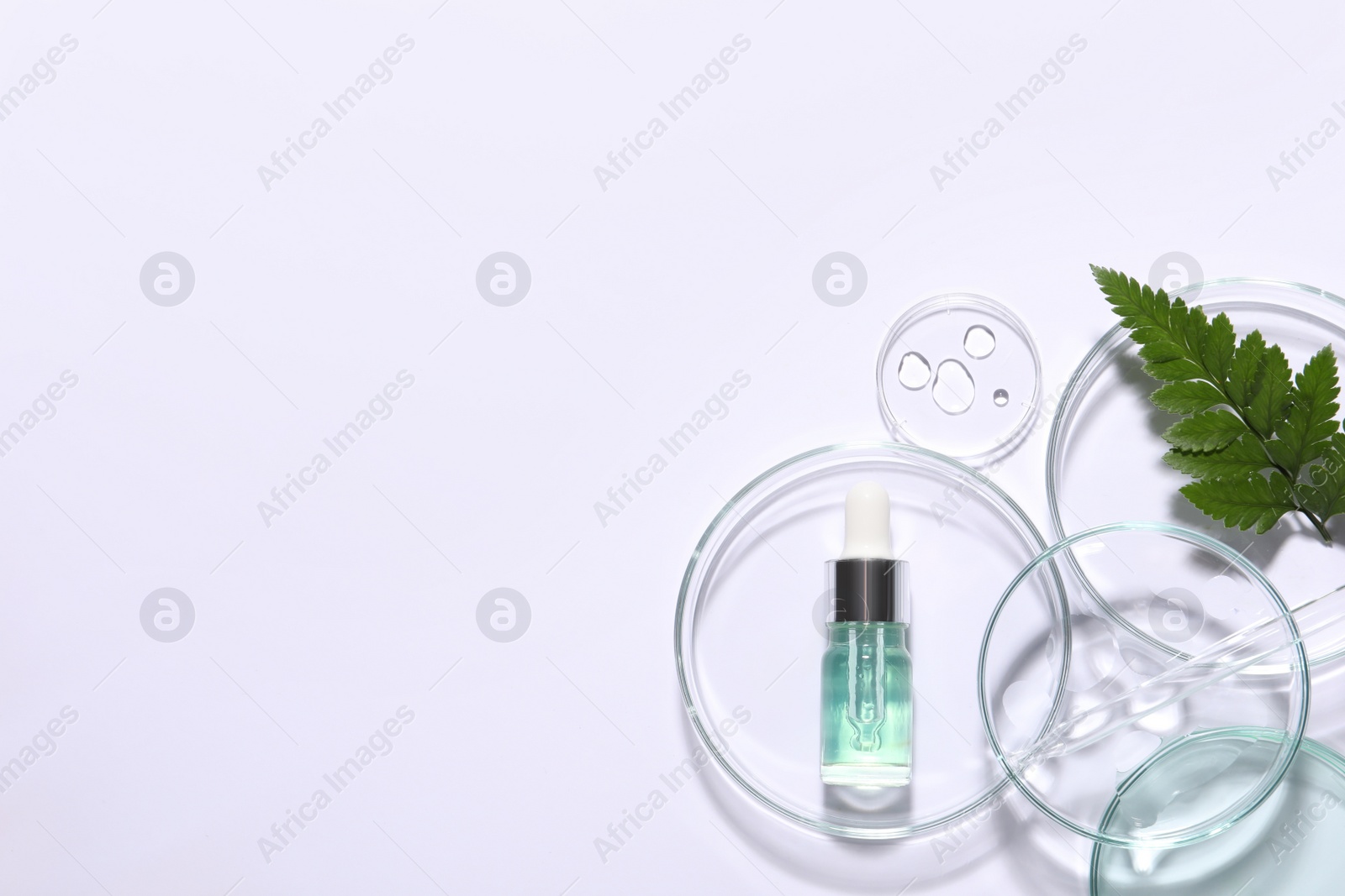 Photo of Organic cosmetic product, natural ingredient and laboratory glassware on white background, top view. Space for text