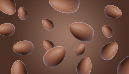 Image of Many chocolate eggs falling on brown background