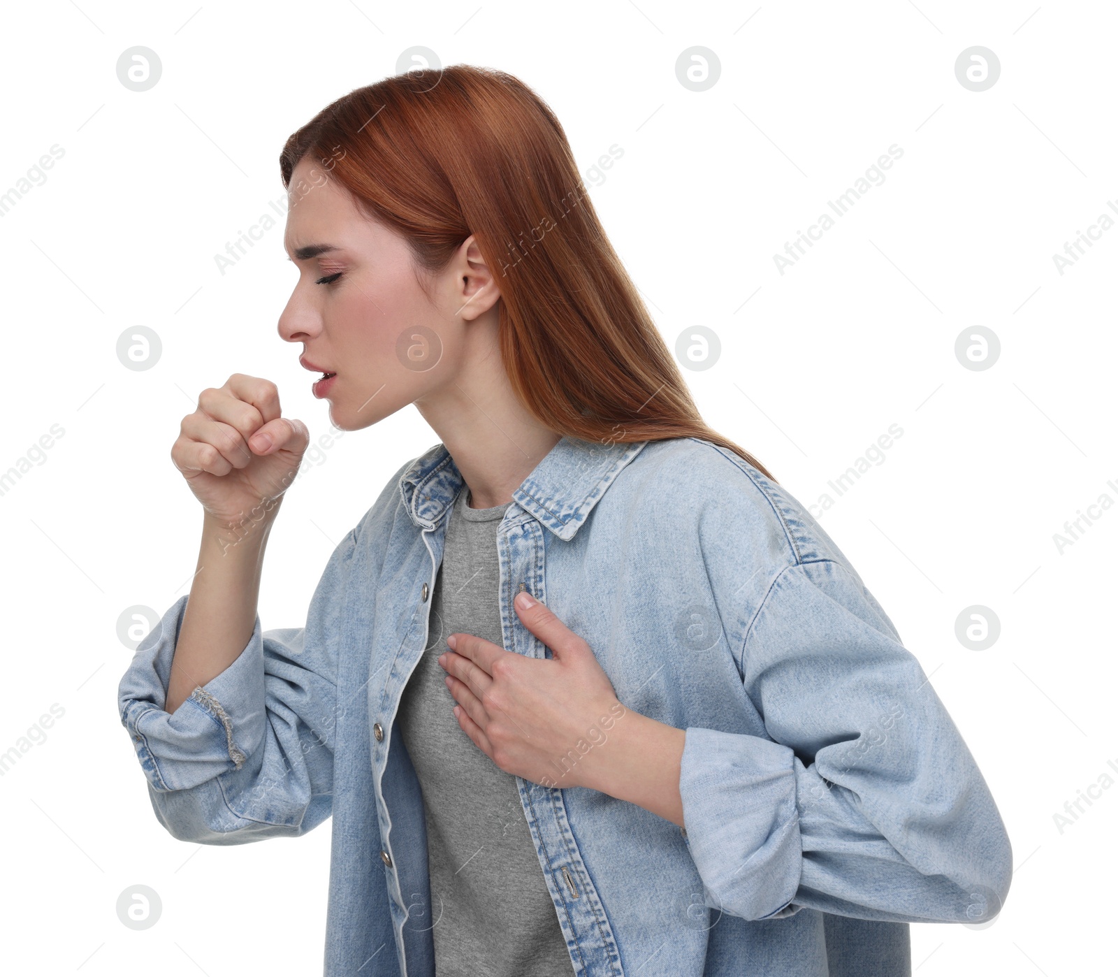 Photo of Woman coughing on white background. Cold symptoms