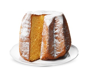 Photo of Delicious Pandoro cake decorated with powdered sugar on white background. Traditional Italian pastry