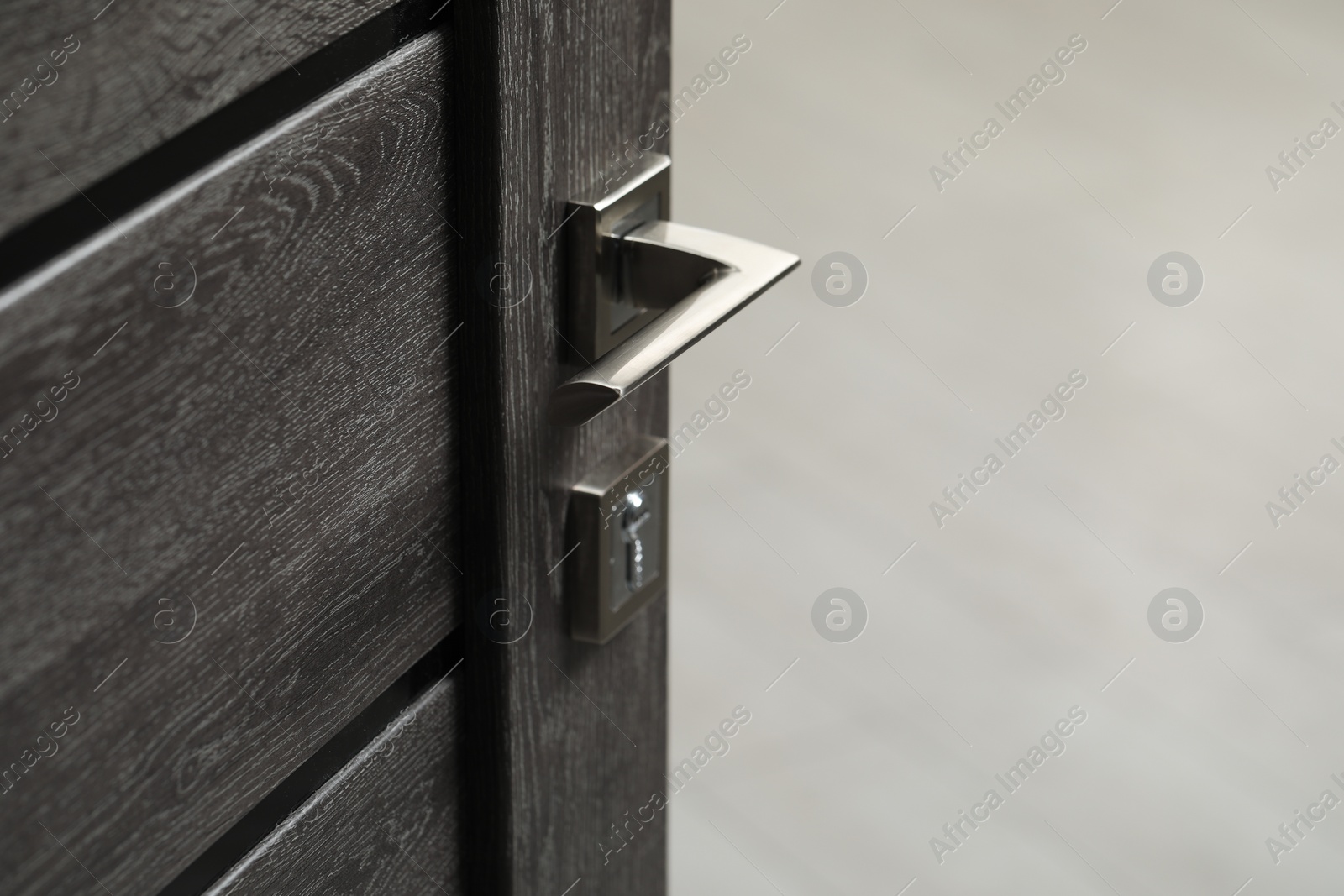 Photo of Open wooden door with metal handle, closeup