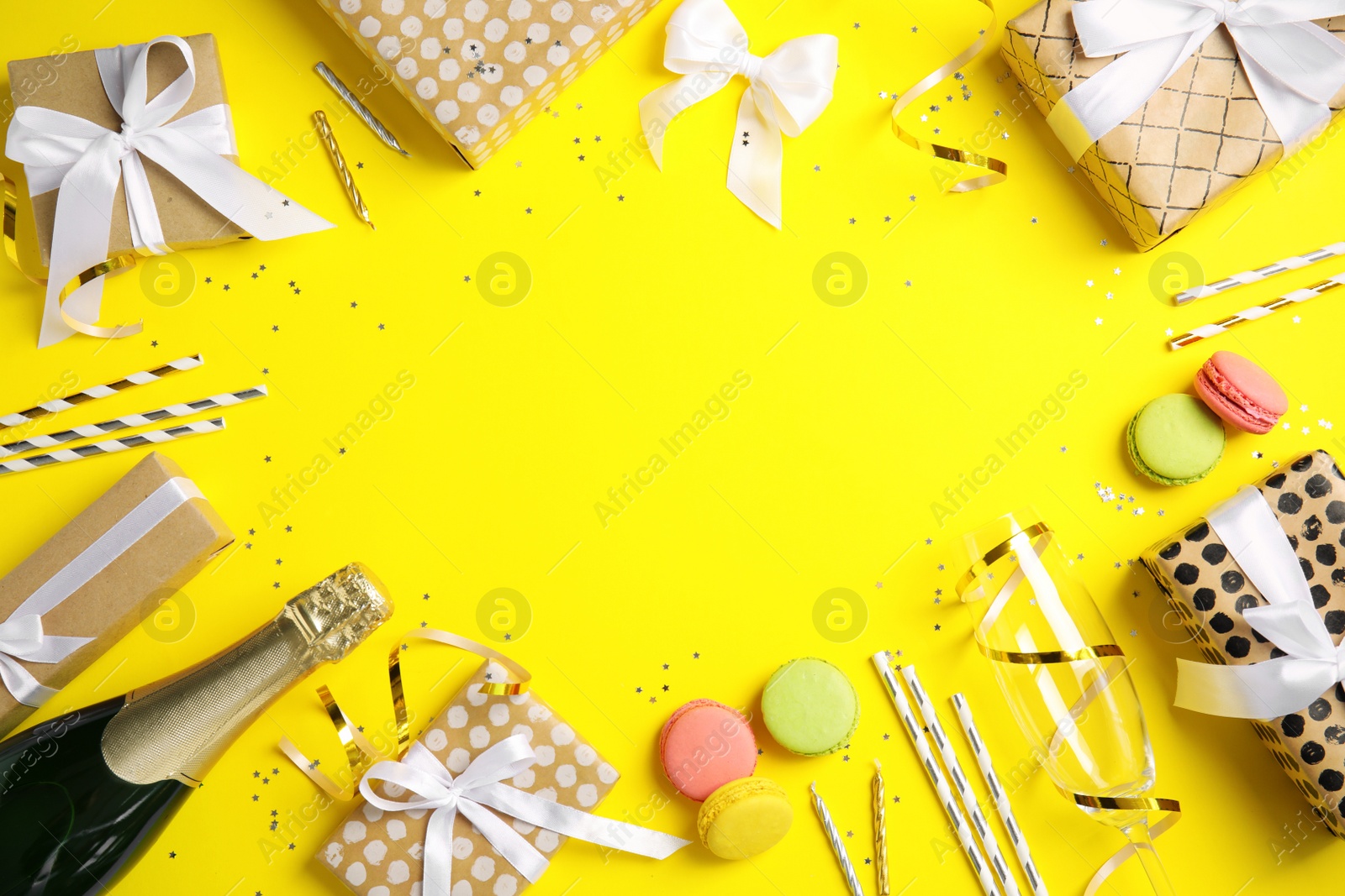 Photo of Creative flat lay composition with bottle of champagne and space for text on color background