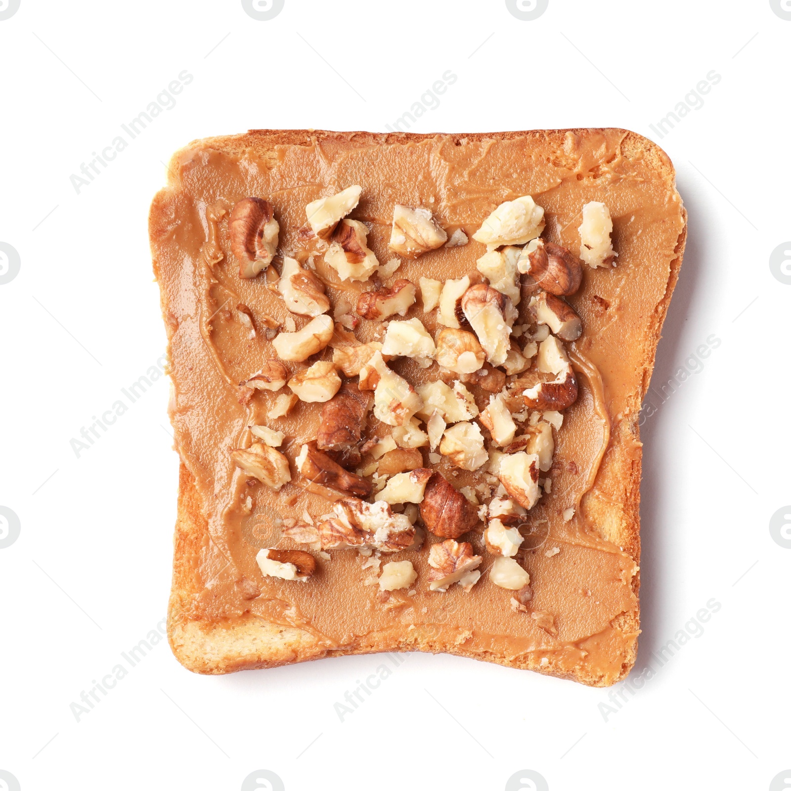 Photo of Delicious toast with peanut butter and crushed nuts isolated on white, top view