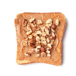 Photo of Delicious toast with peanut butter and crushed nuts isolated on white, top view