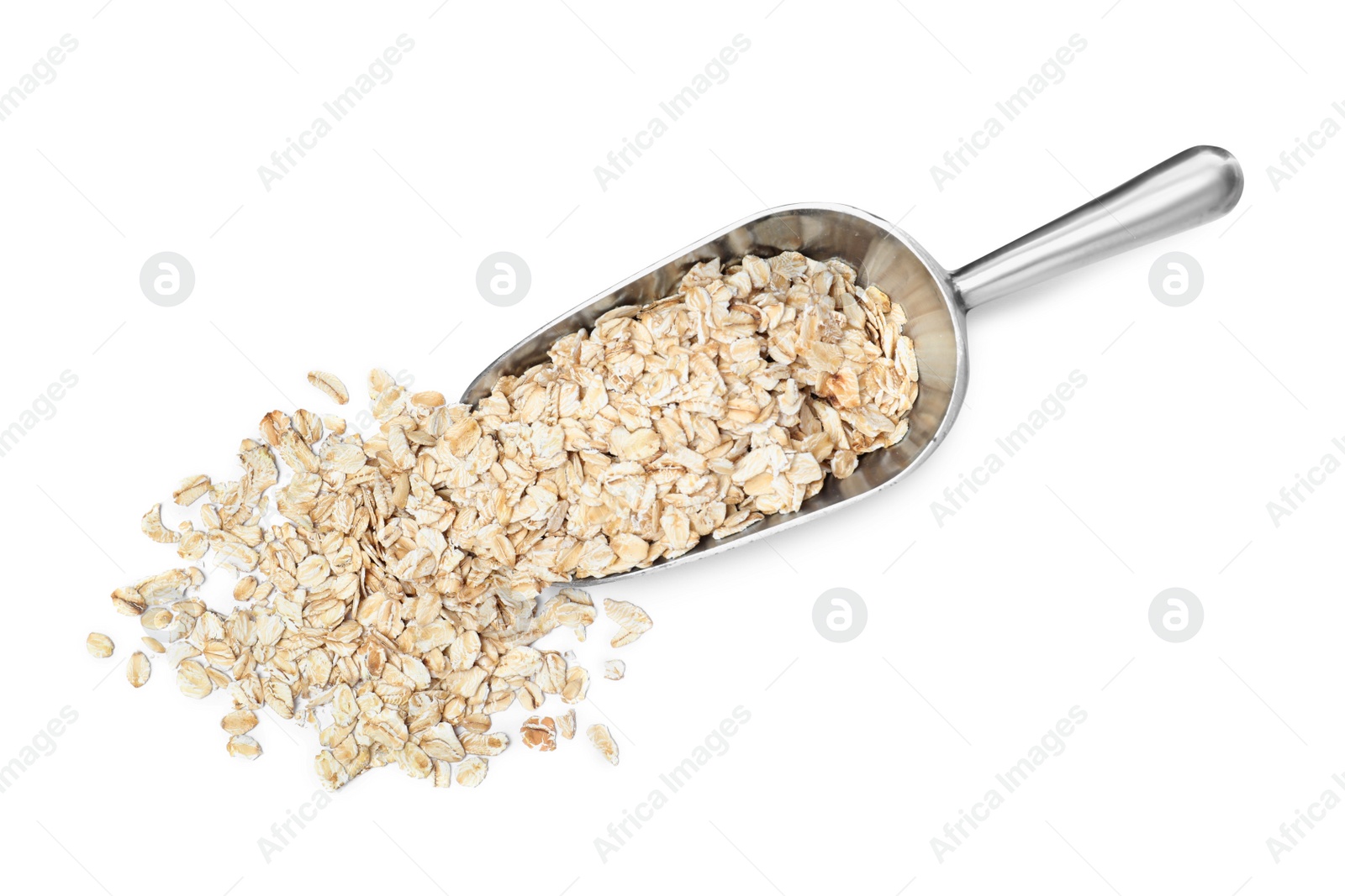 Photo of Oatmeal and metal scoop on white background, top view