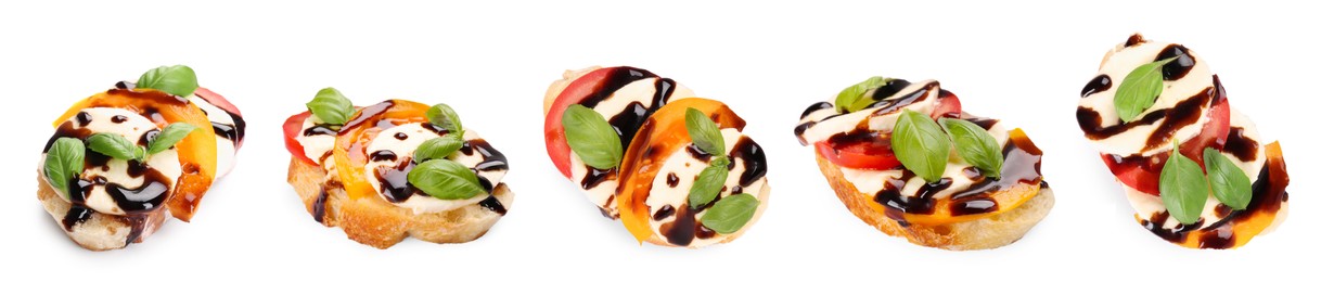 Image of Delicious bruschetta with cream cheese, tomato and balsamic vinegar isolated on white, set