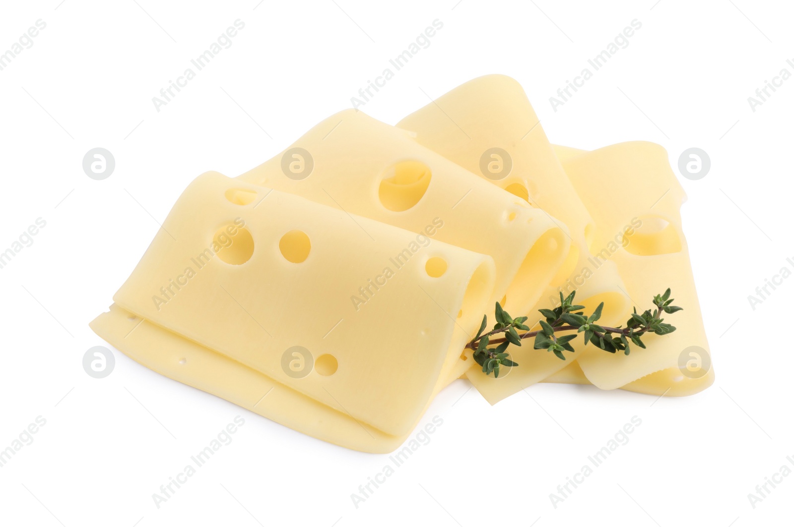 Photo of Slices of tasty fresh cheese and thyme isolated on white, above view