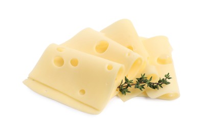 Photo of Slices of tasty fresh cheese and thyme isolated on white, above view