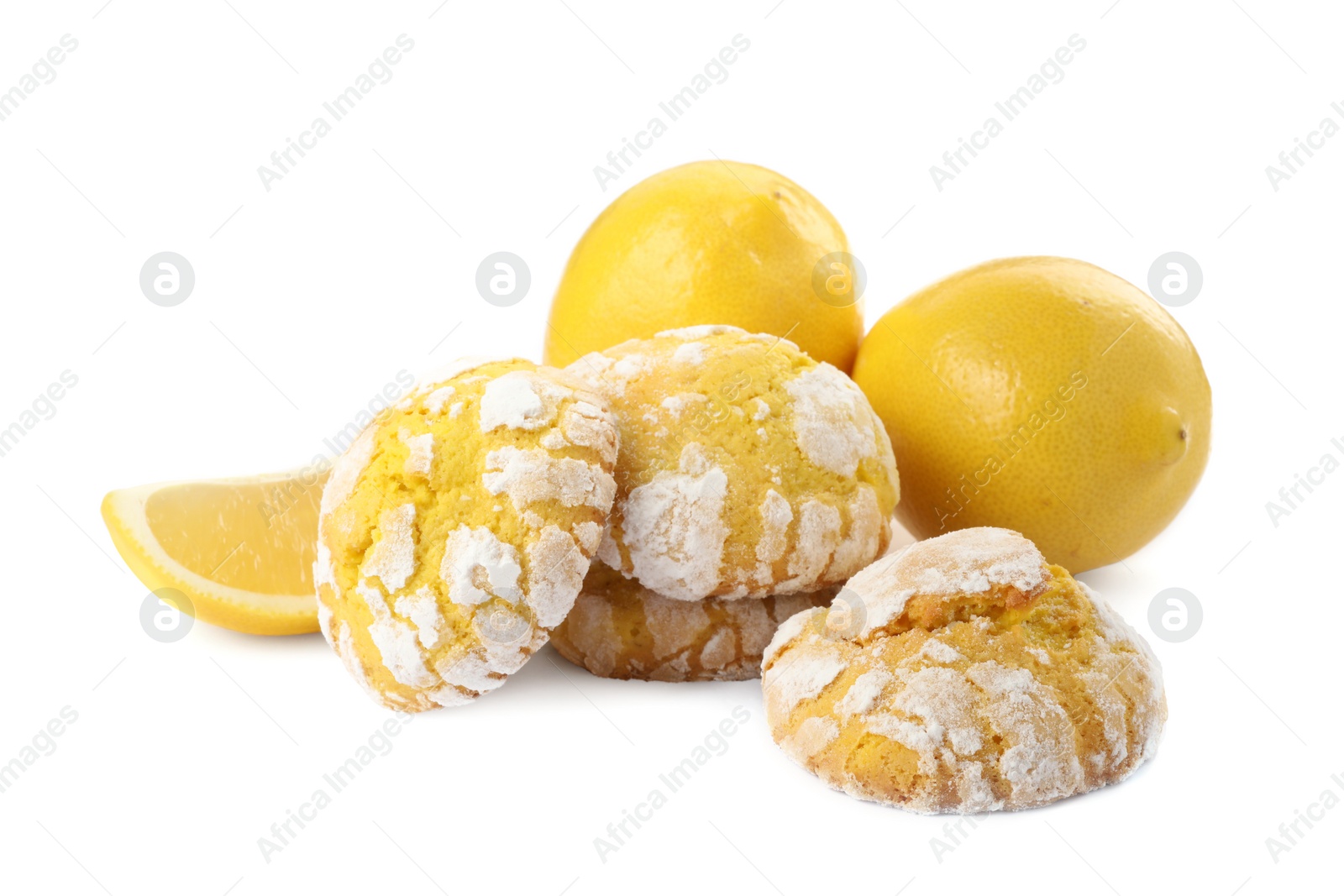 Photo of Tasty homemade lemon cookies and fresh fruits on white background