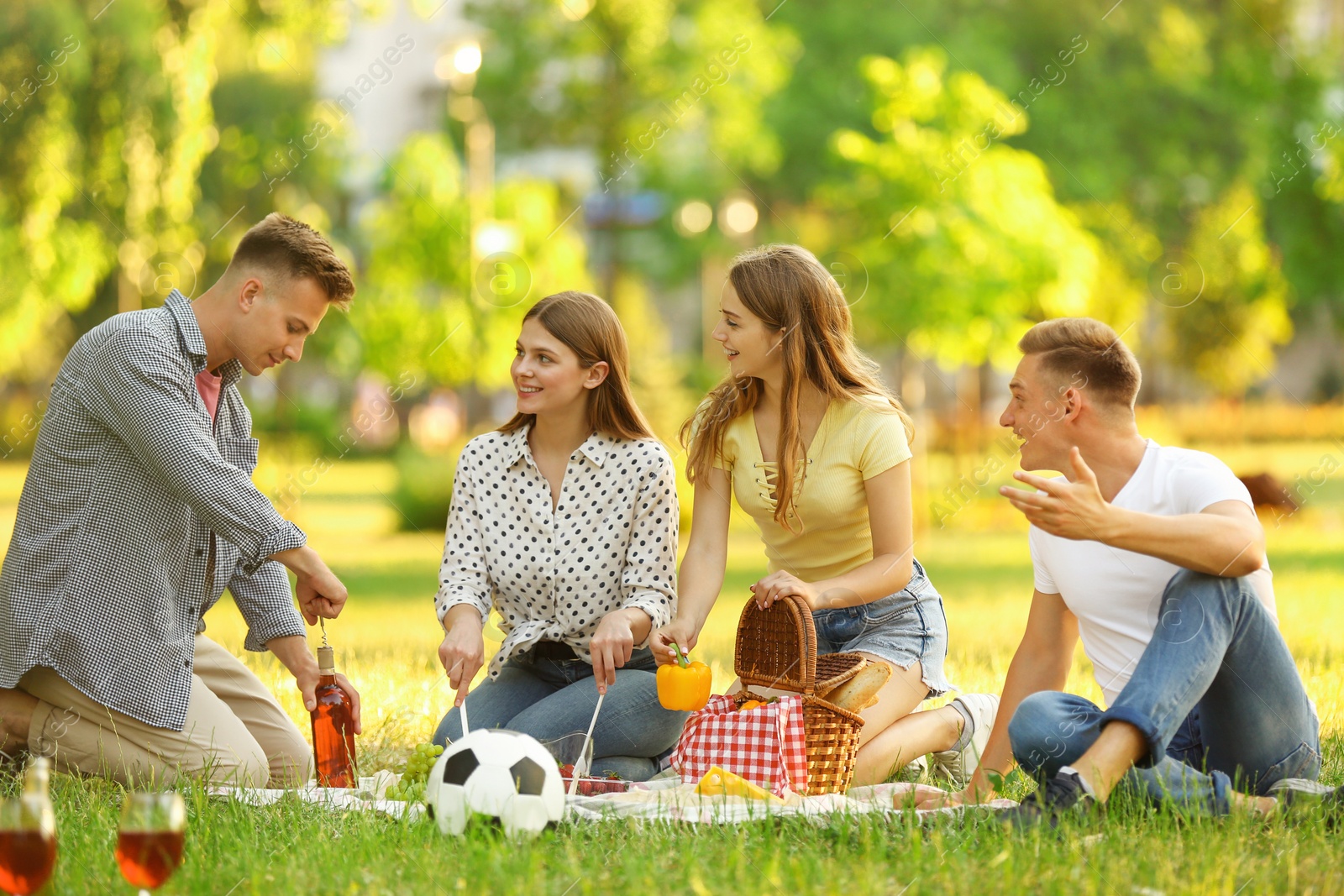 Photo of Young people enjoying picnic in park on summer day