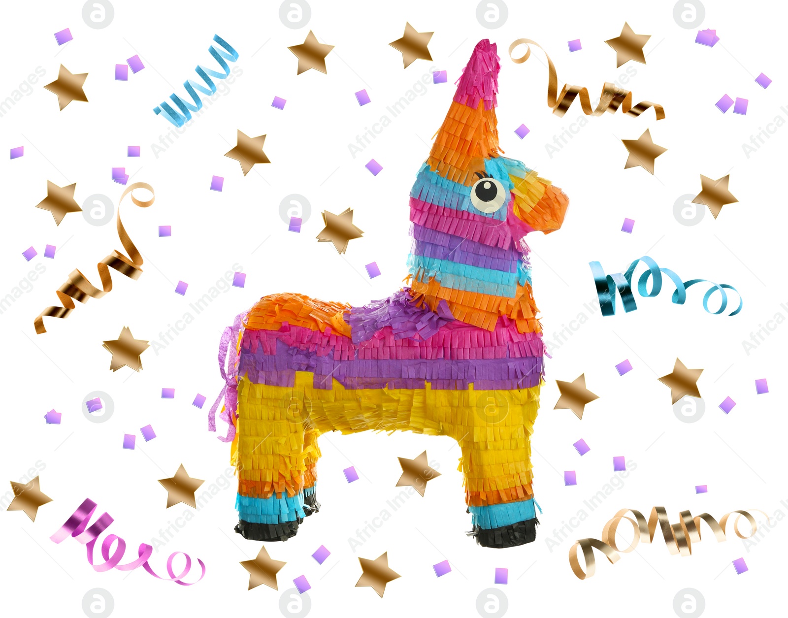 Image of Bright funny pinata and party decor on white background