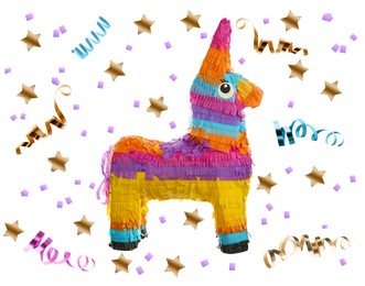 Bright funny pinata and party decor on white background