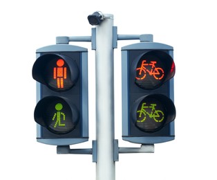 Image of Pedestrian and bicycle traffic light on white background