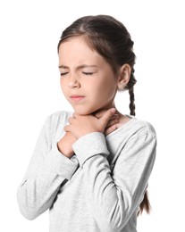 Little girl suffering from sore throat on white background