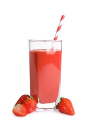 Glass of tasty strawberry smoothie and fresh fruits on white background