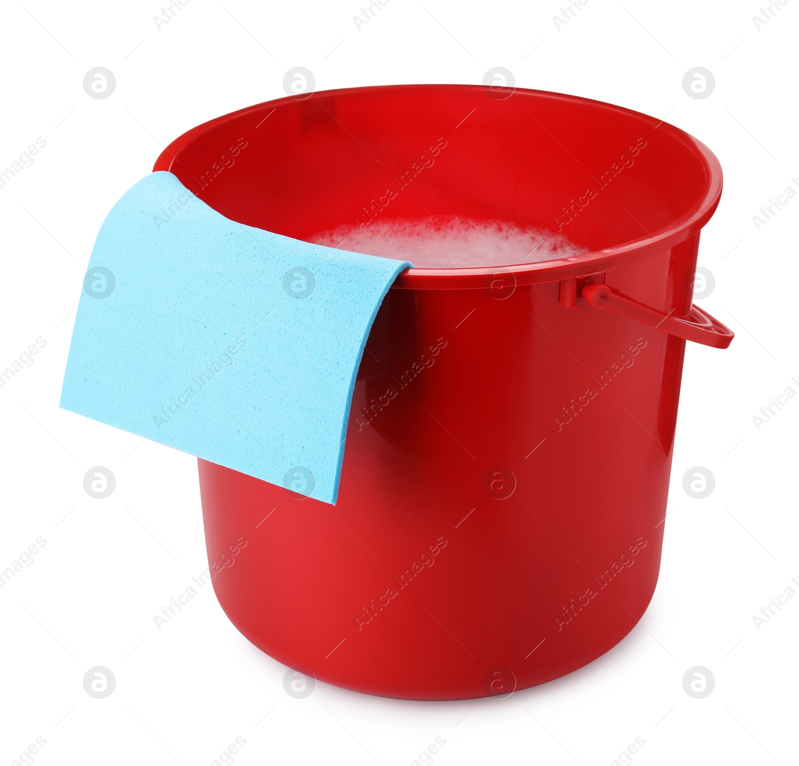 Photo of Red bucket with detergent and rag isolated on white