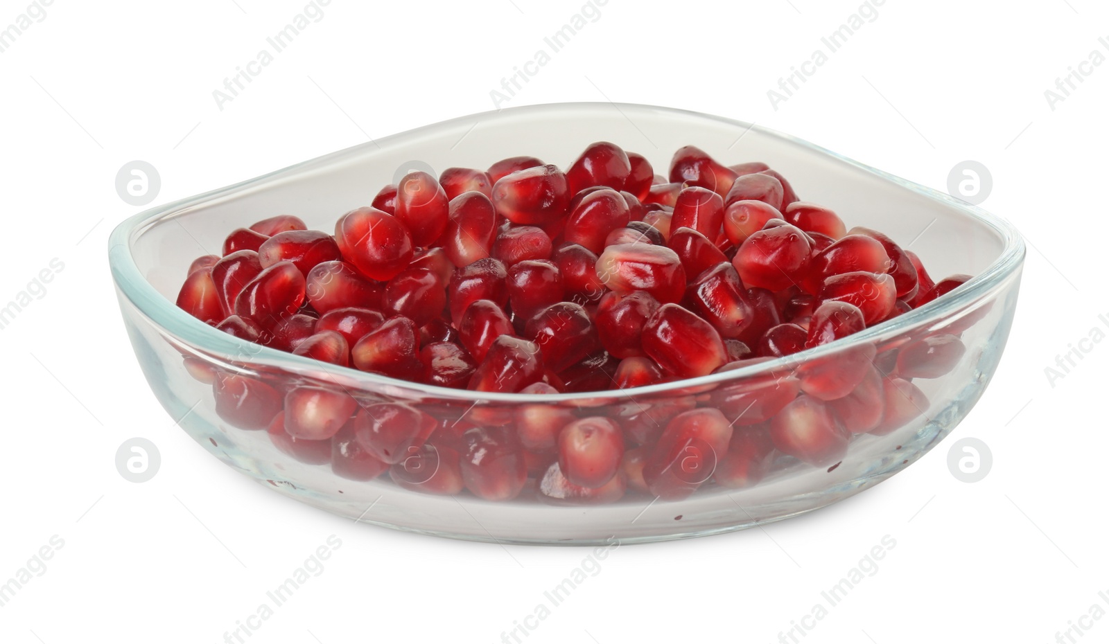 Photo of Ripe juicy pomegranate grains in bowl isolated on white