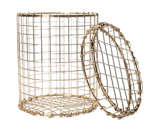 Photo of Metal basket with lid on white background