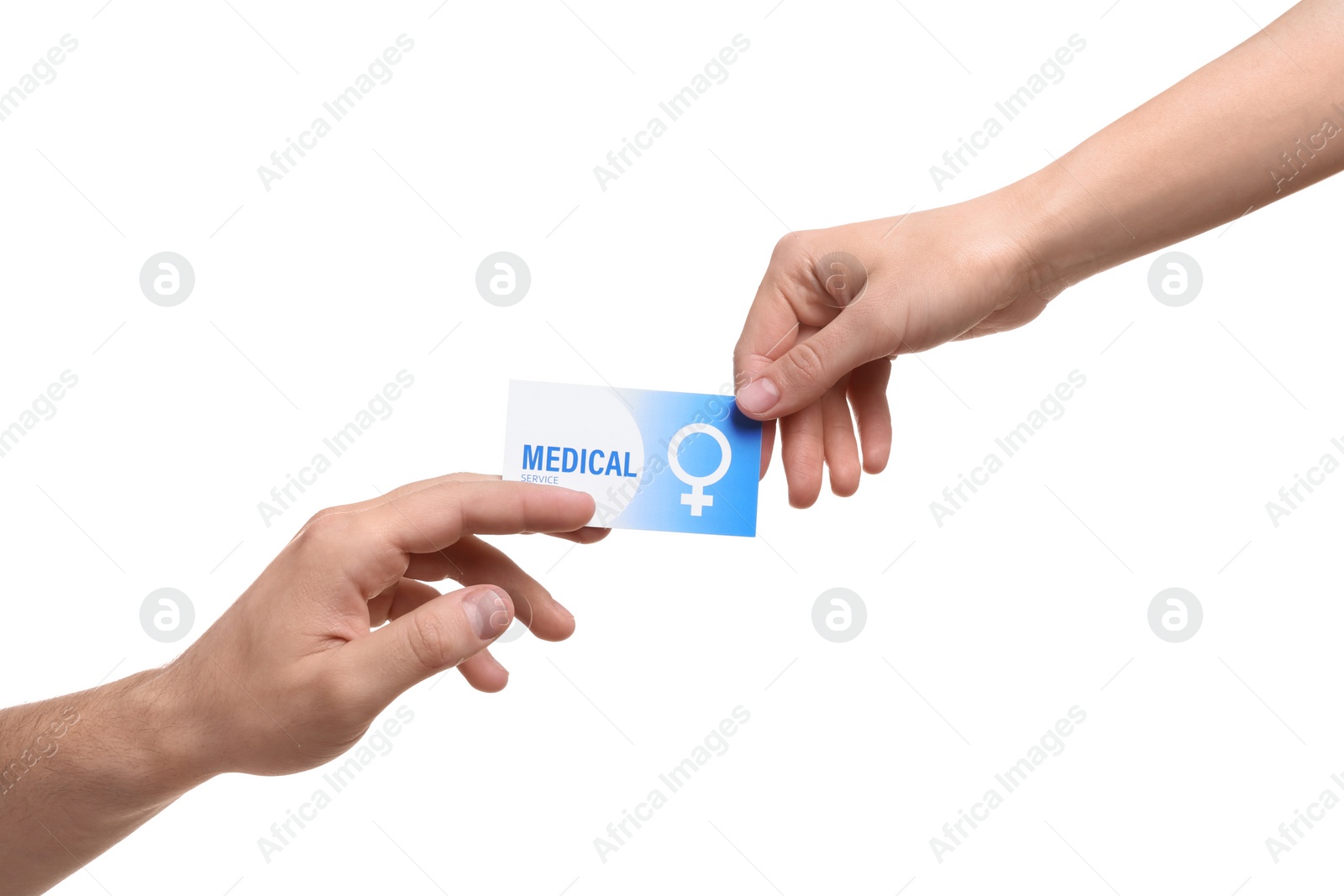 Photo of Man giving medical business card to girl isolated on white, closeup. Women's health service