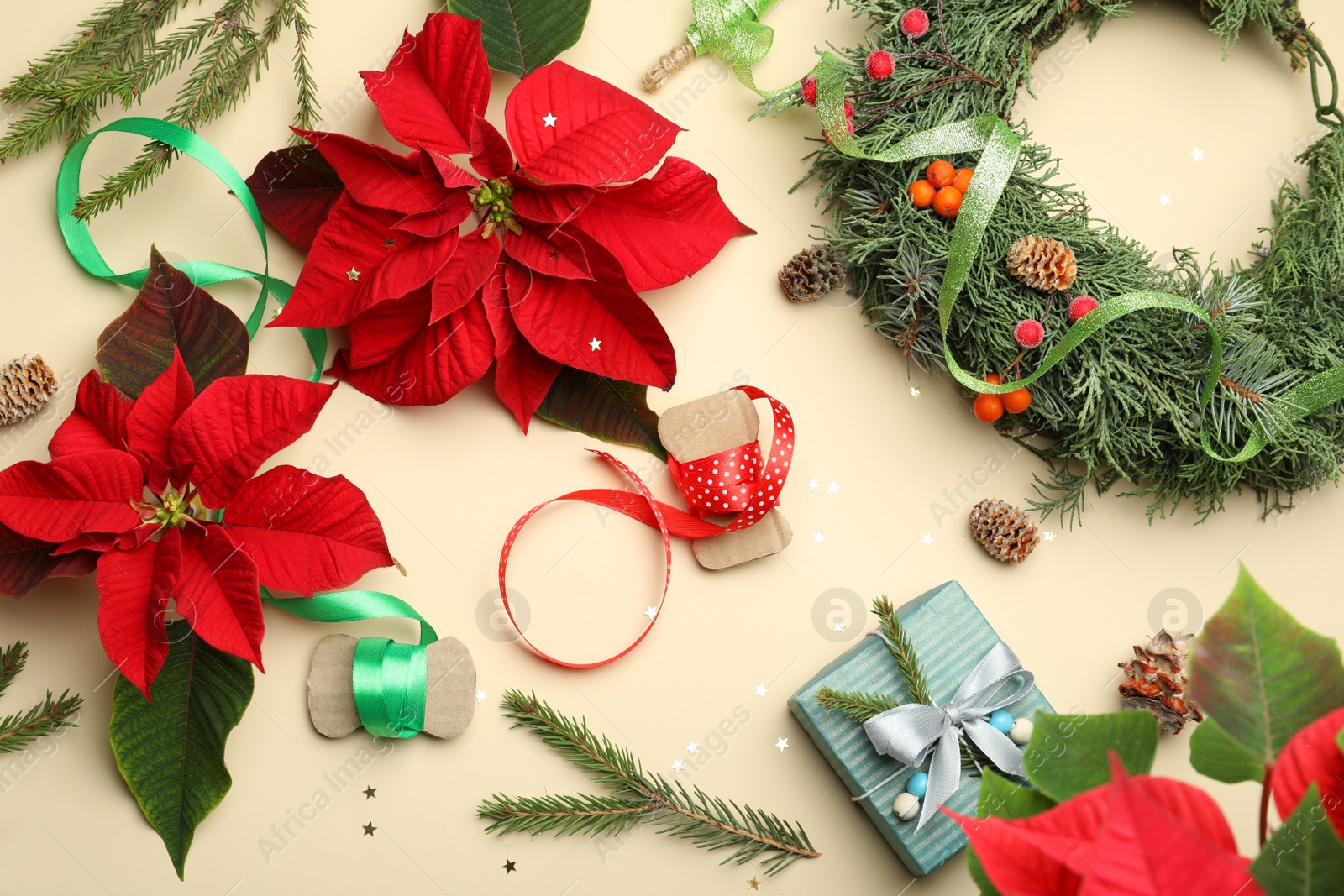 Photo of Flat lay composition with poinsettias (traditional Christmas flowers) and holiday decor on beige background