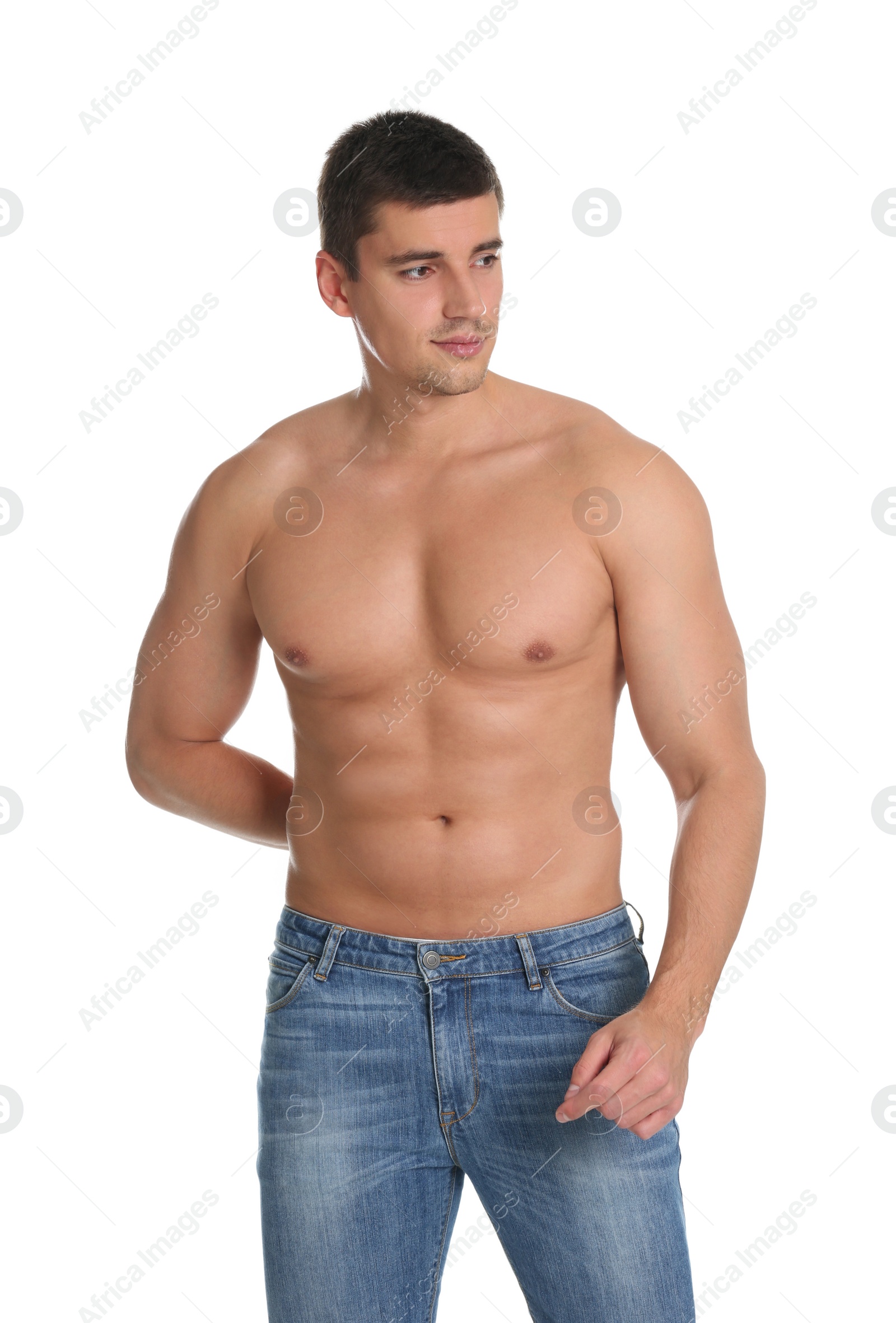 Photo of Man with sexy body on white background