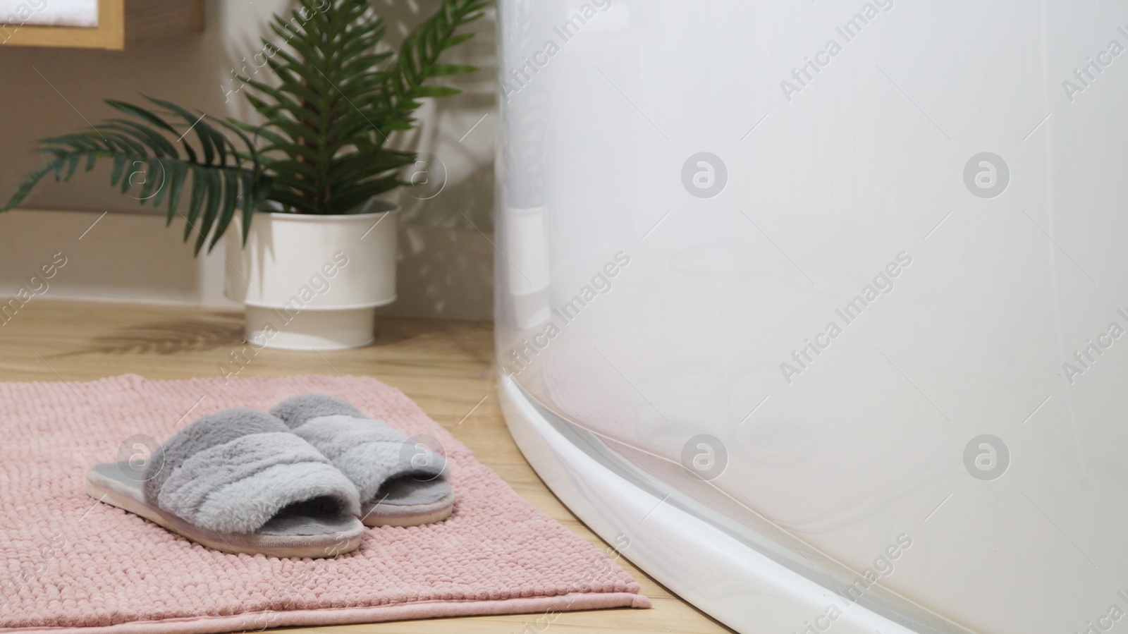 Photo of Bath mat, fluffy slippers and houseplant near tub in bathroom