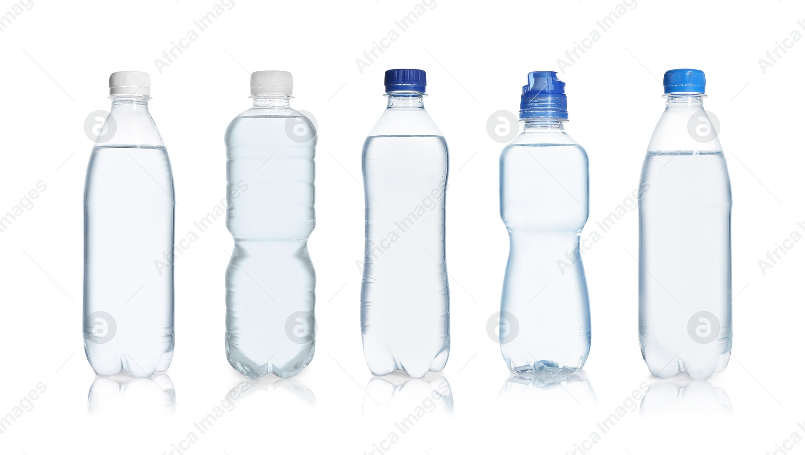 Image of Set with different bottles of pure water on white background. Banner design