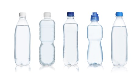 Image of Set with different bottles of pure water on white background. Banner design